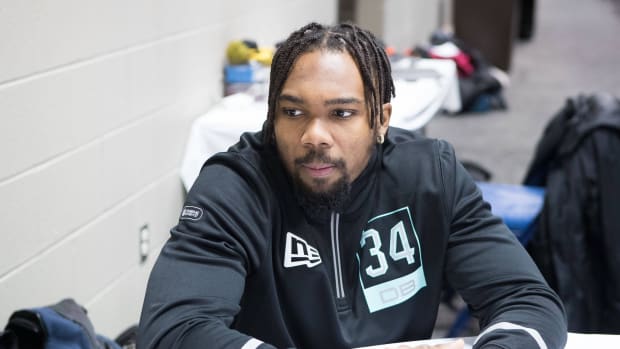 Feb 28, 2020; Indianapolis, Indiana, USA; Georgia Southern defensive back Kindle Vildor (DB34) speaks to the media during the 2020 NFL Combine in the Indianapolis Convention Center.